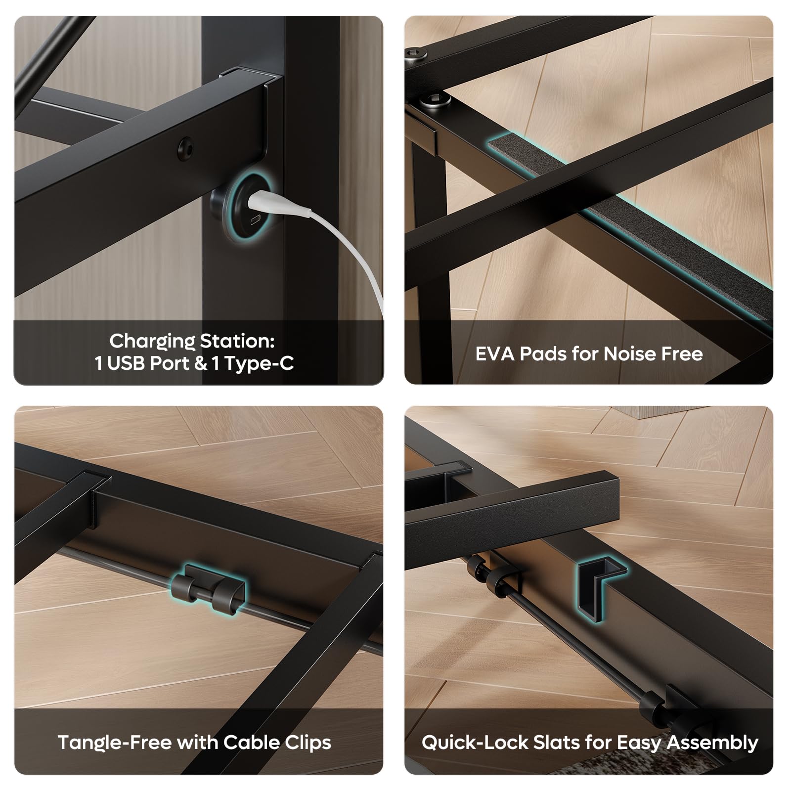 Queen Size Bed Frame with Headboard and Charging Station