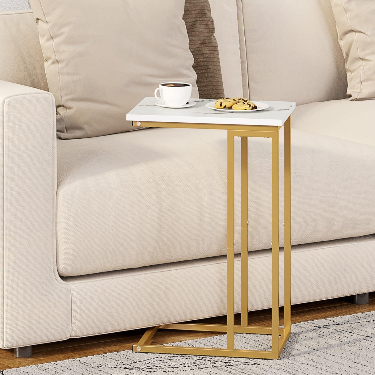 C Shaped Side Table, Narrow Sofa End Table, Small Coffee Snack Table