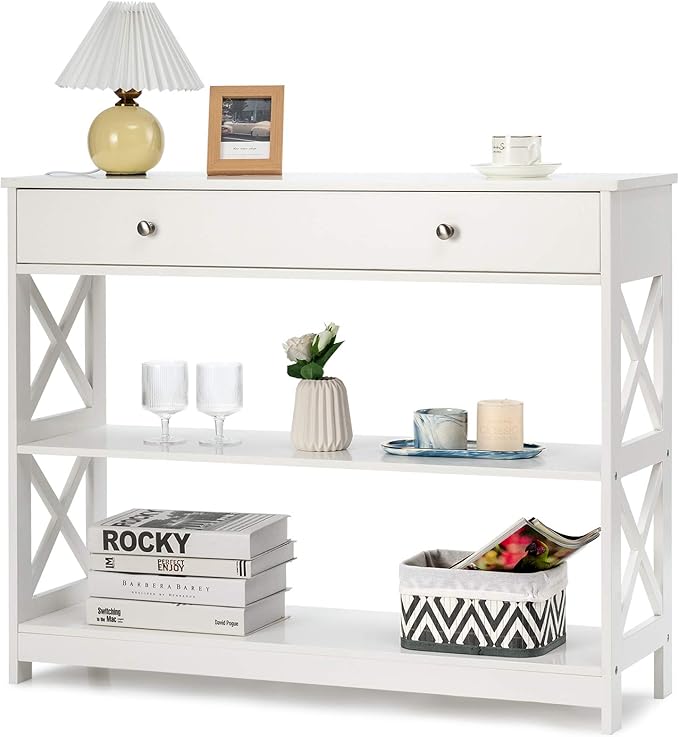 3-Tier Console Table with Drawers, Compact Sofa Table with 2 Shelves and Spacious Desktop,