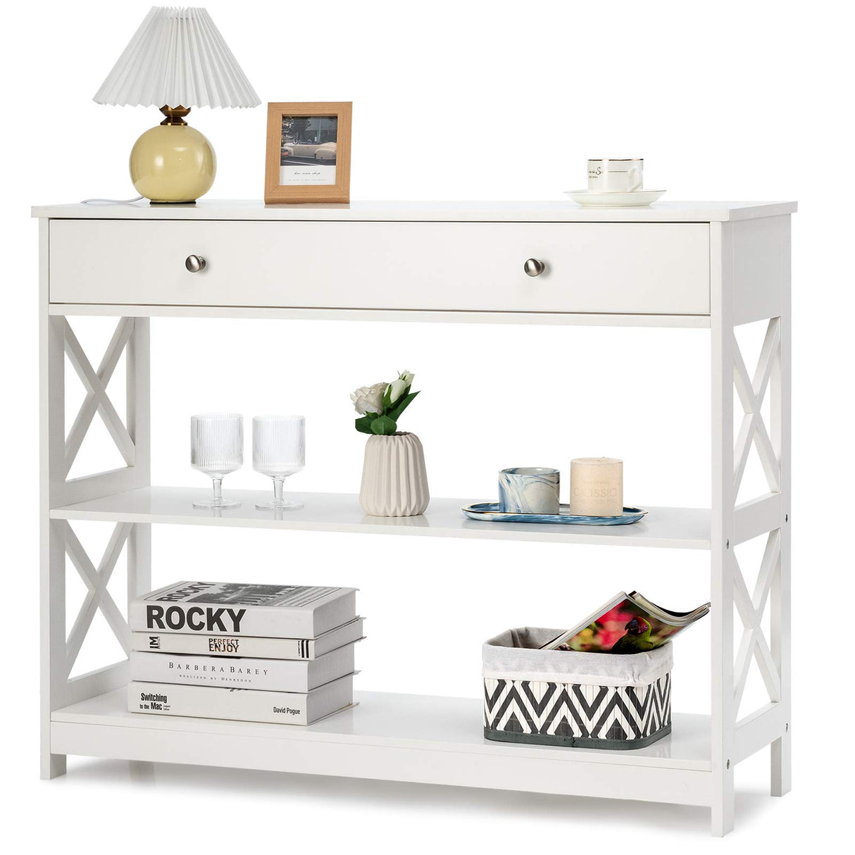 3-Tier Console Table with Drawers, Compact Sofa Table with 2 Shelves and Spacious Desktop,