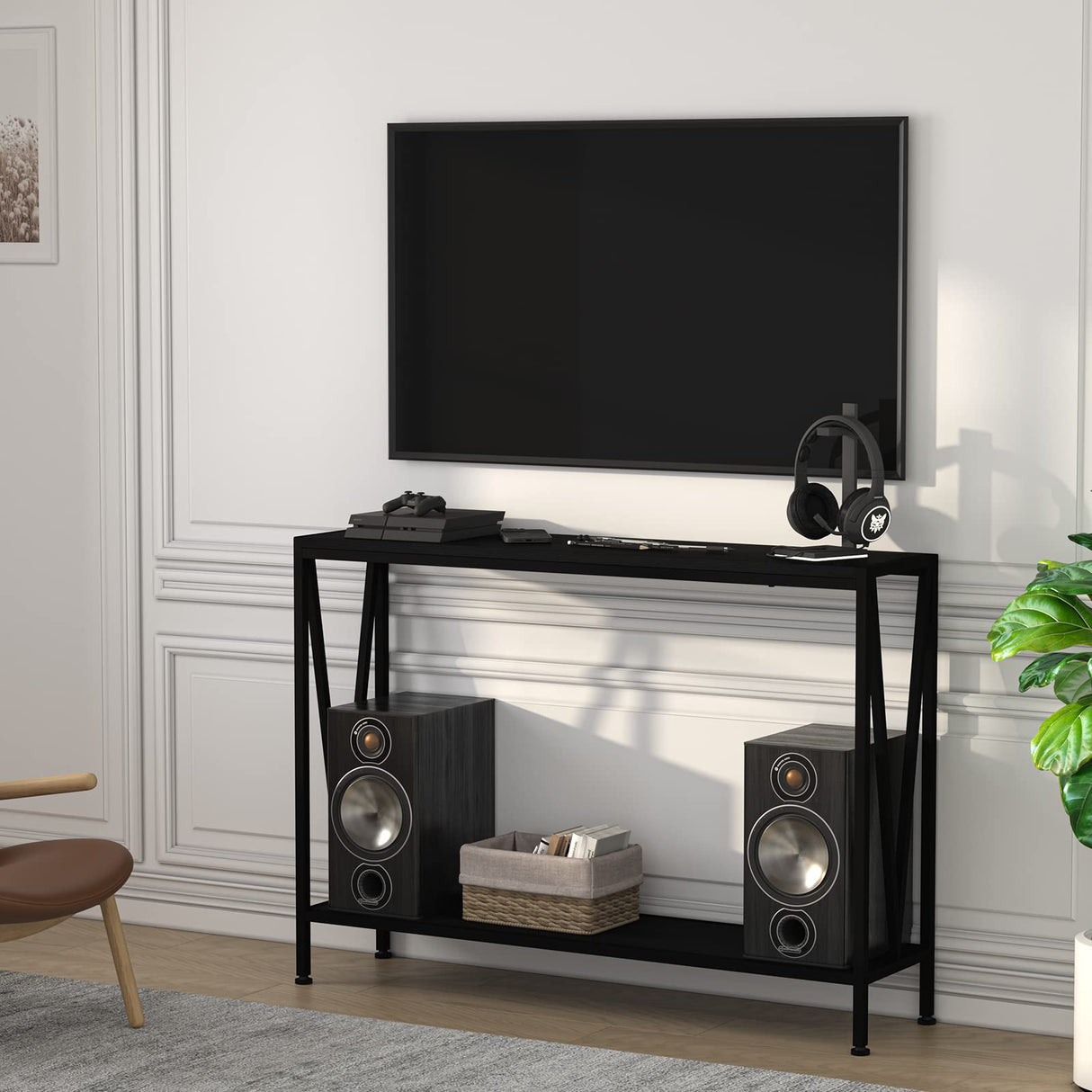 Black 2-Tier Narrow Sofa Console Table for Entryway, Living Room, Office - With Storage