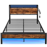 Full Bed Frame with LED Lights,Industrial Storage Headboard with Charging Station