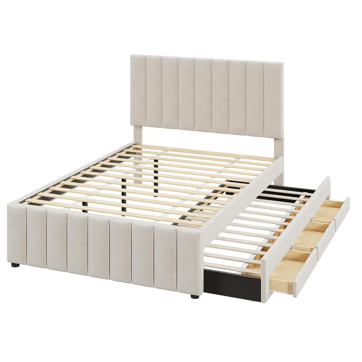 Bed Frame Full Size Linen Fabric Platform Bed Frame with Trundle and 3 Drawers, No
