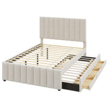 Bed Frame Full Size Linen Fabric Platform Bed Frame with Trundle and 3 Drawers, No