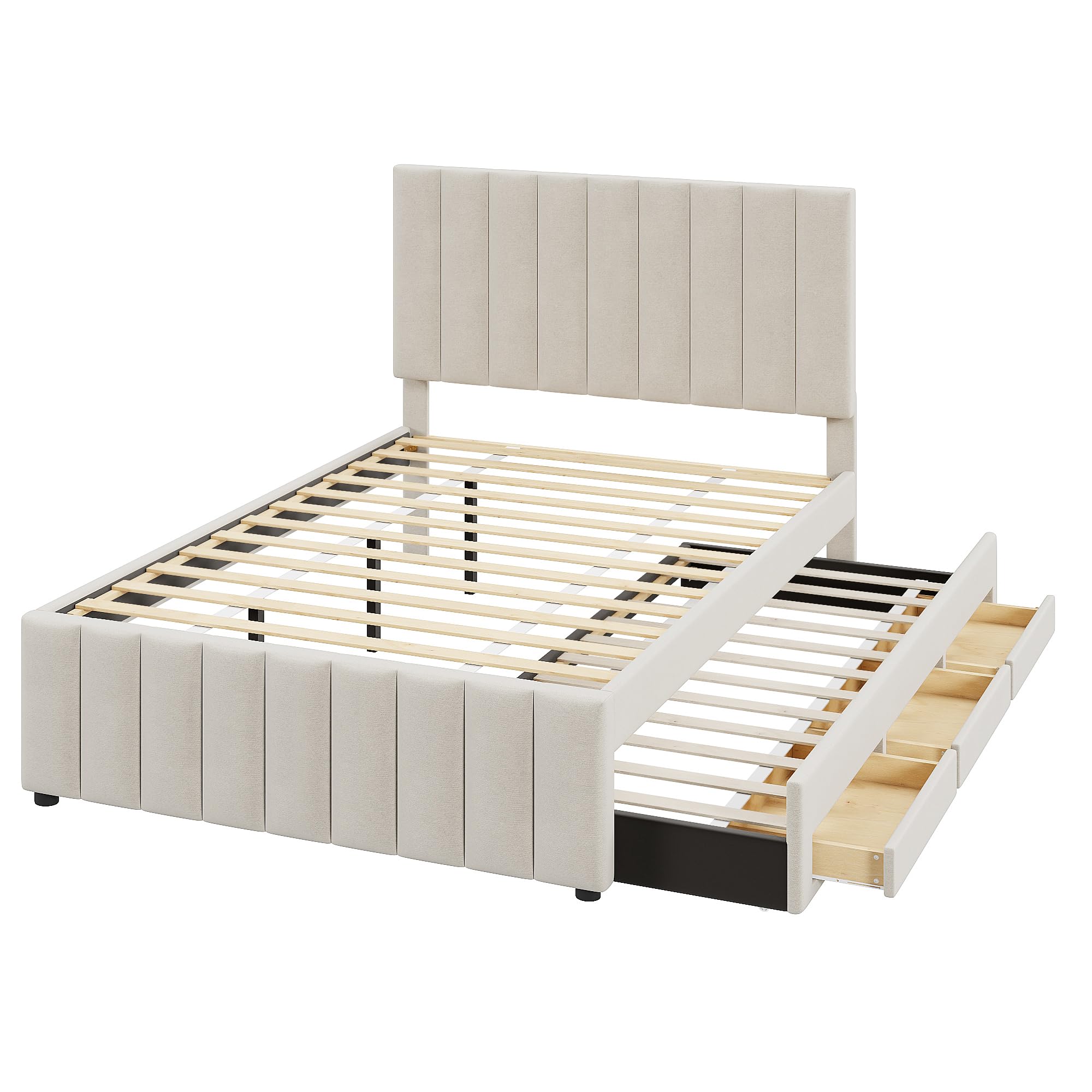 Bed Frame Full Size Linen Fabric Platform Bed Frame with Trundle and 3 Drawers, No