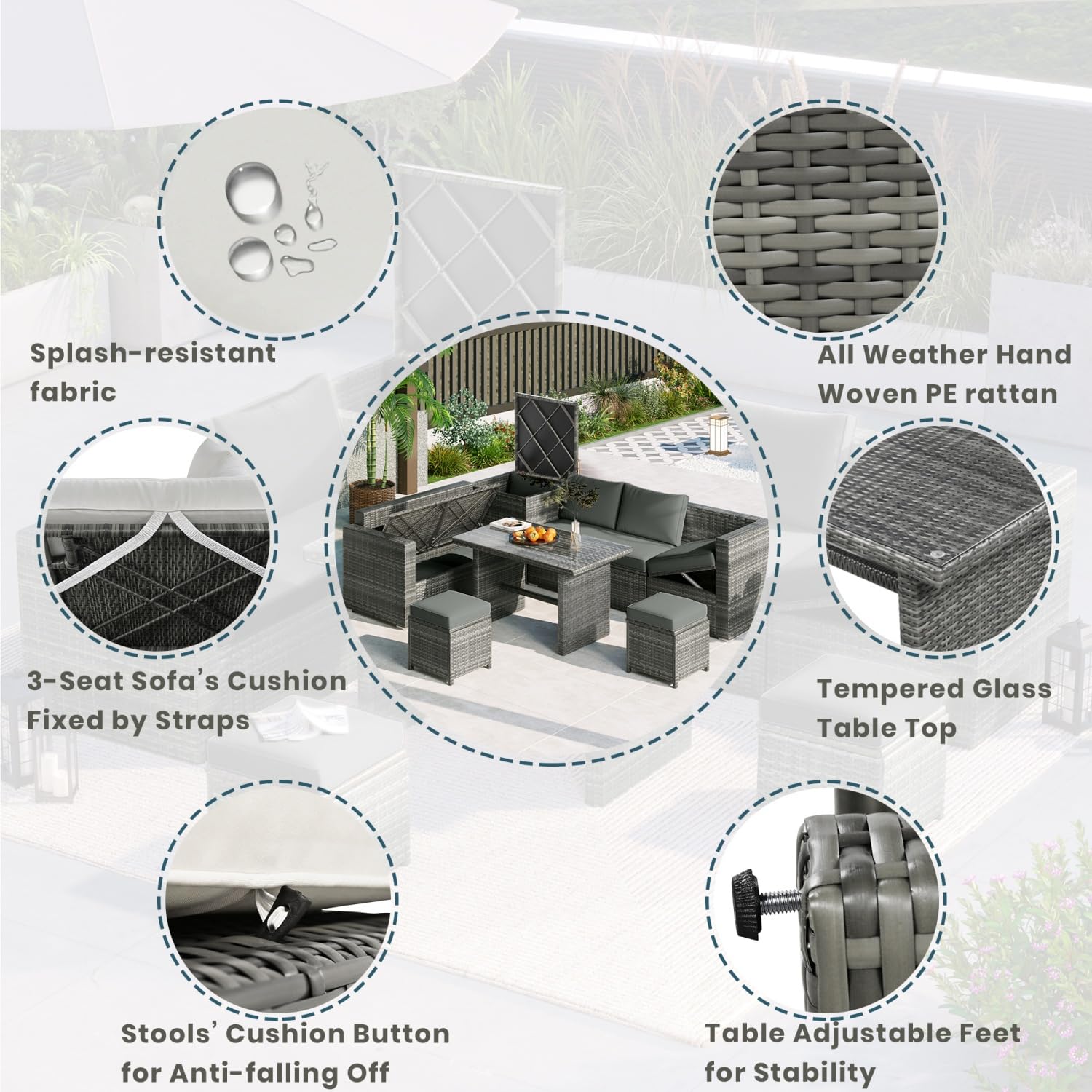 AEDNX Wicker Outdoor Patio Furniture Set with Storage, 6 Piece Patio Sofa Set with Ottoman Stool, Patio Conversation Sets Comforatable for Garden Yard (Grey Wicker and Beige Cushion, One Size)