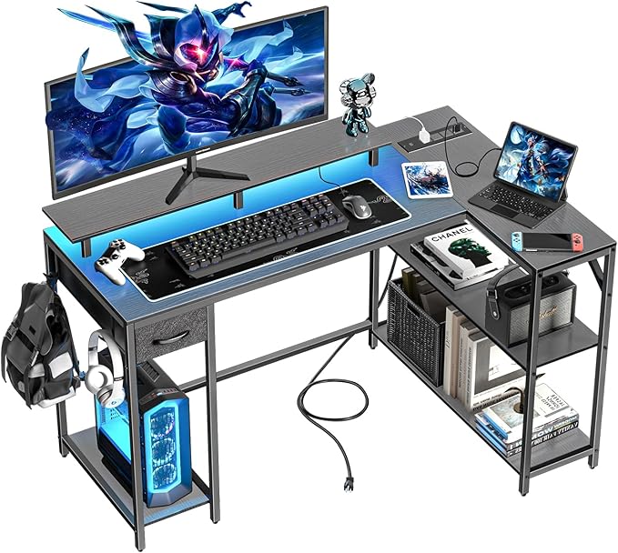 47" L Shaped Computer Desk with LED Light and Power Outlet, Reversible L Shaped Desk