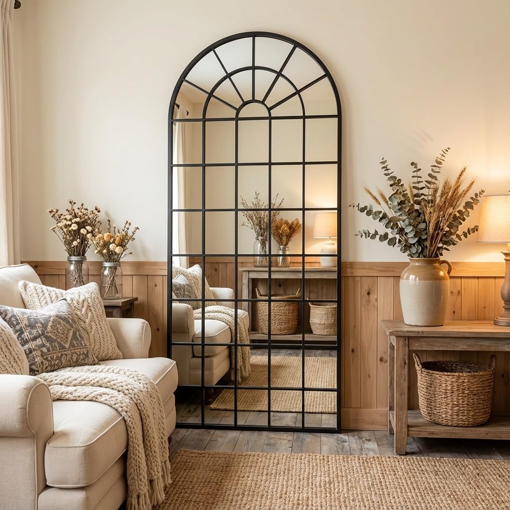 Large Arched Window Pane Mirror - 70x30 Inch Full Length Wall & Floor Mirror