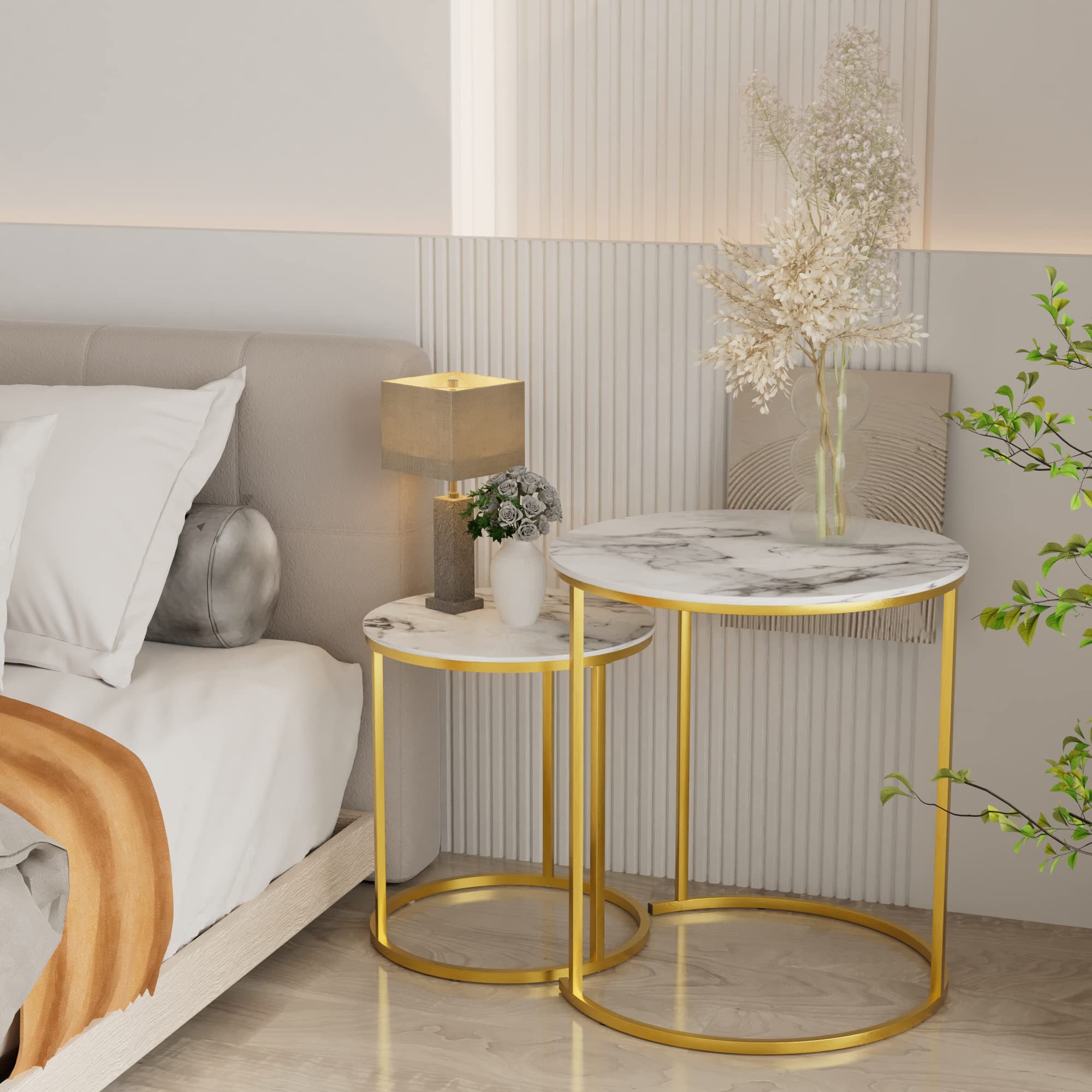 Nesting Coffee Table Faux White Marble for Small Place 24 in 2 Sets High Side End Sofa Table