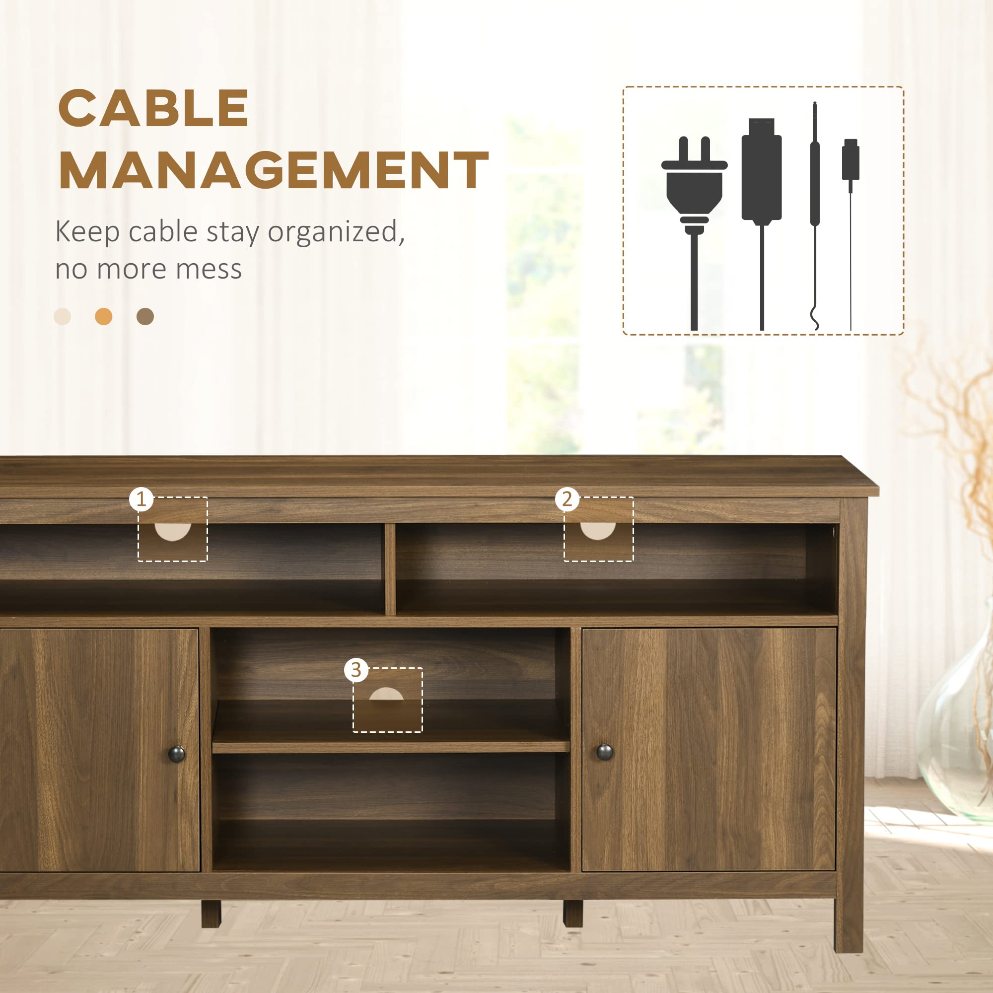 TV Stand for 65 Inch TVs, TV Cabinet with Wooden Shelves and Doors, Entertainment