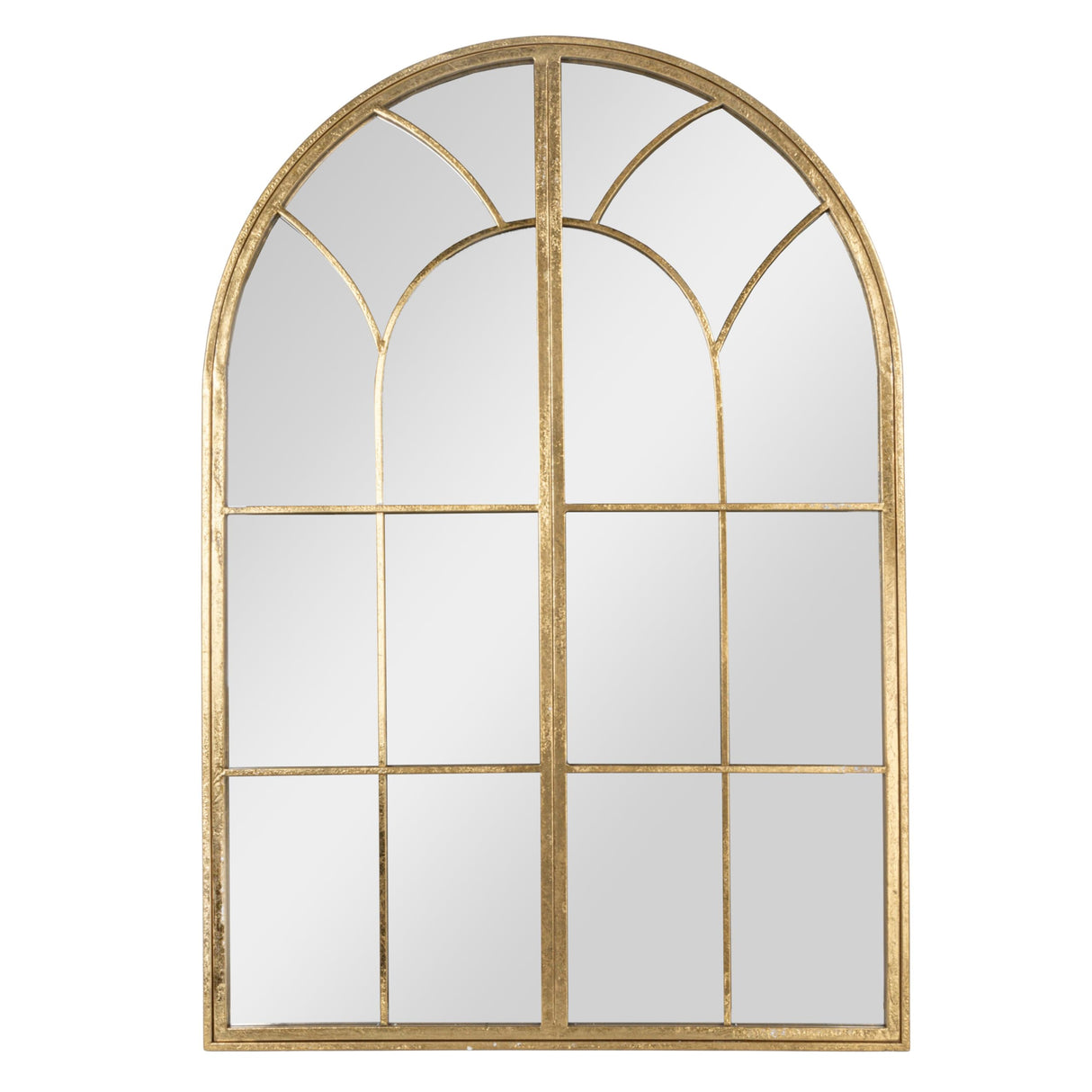 Decorative Metal Arched Wall Mirror with Window Style Design, Gold