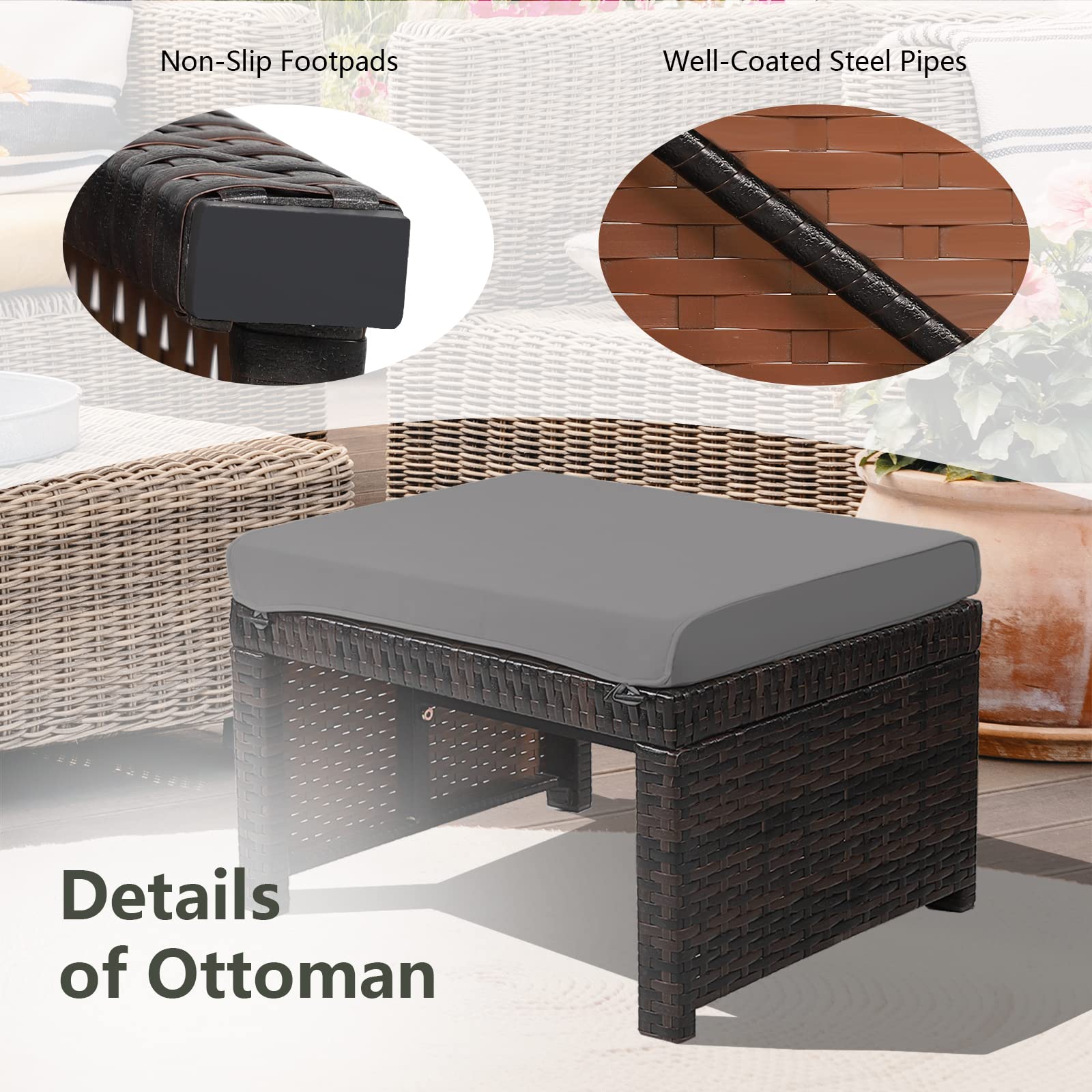 HAPPYGRILL 2 Piece Outdoor Wicker Ottomans, Patio Rattan Footstool with Cushions, Solid Steel Frame, Multifunctional Ottomans for Poolside Backyard Balcony
