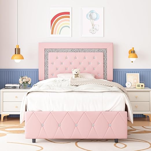 Twin Bed Frame for Girls, Cute Bed Frame Twin Size with Diamond Tufted Headboard,