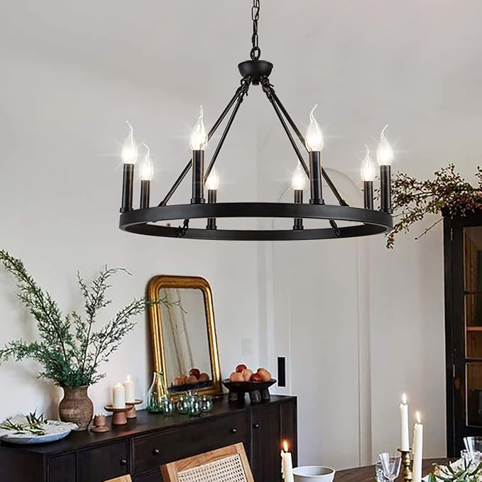 16-Light Black Wagon Wheel Chandelier Large Farmhouse Chandelier, Round Rustic