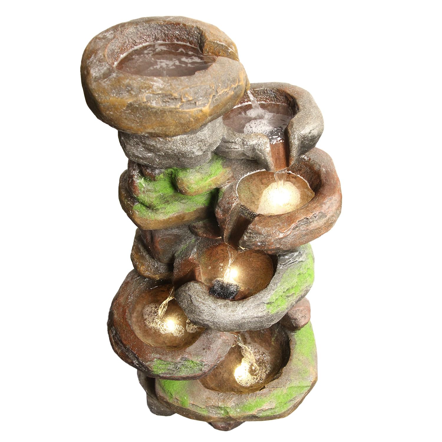 37.4" H 6-Tiers Cascading Rock Outdoor Water Fountain with LED Lights Outdoor Fountains