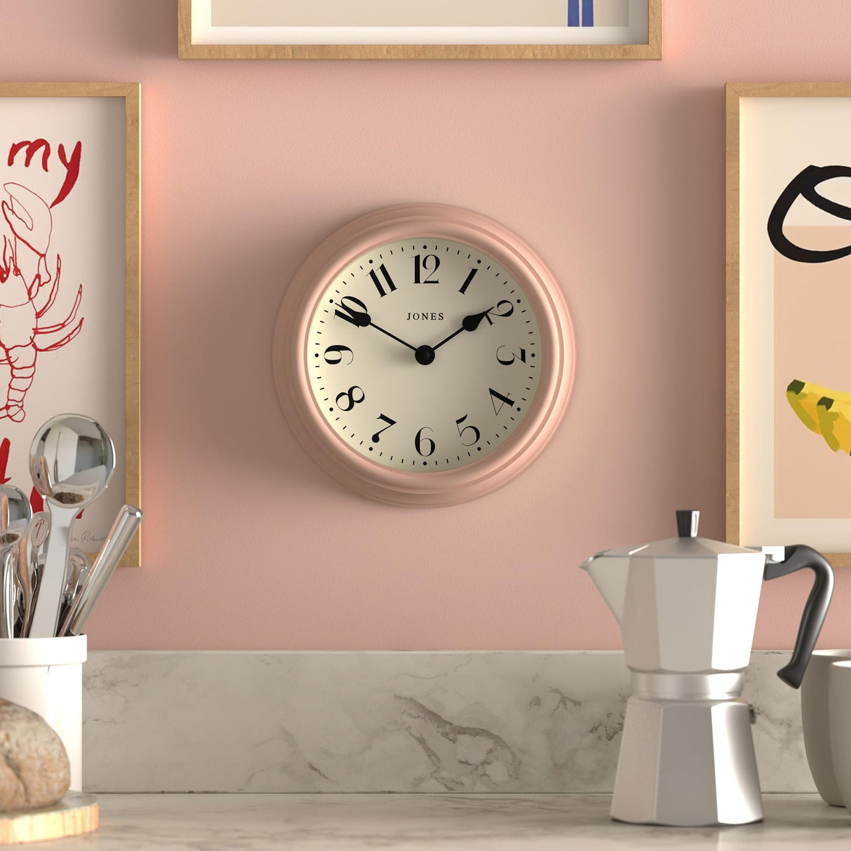 'Frieze' Wall Clock – Small Round Contemporary Classic Round Clock in Pink, with Pretty Numbers,