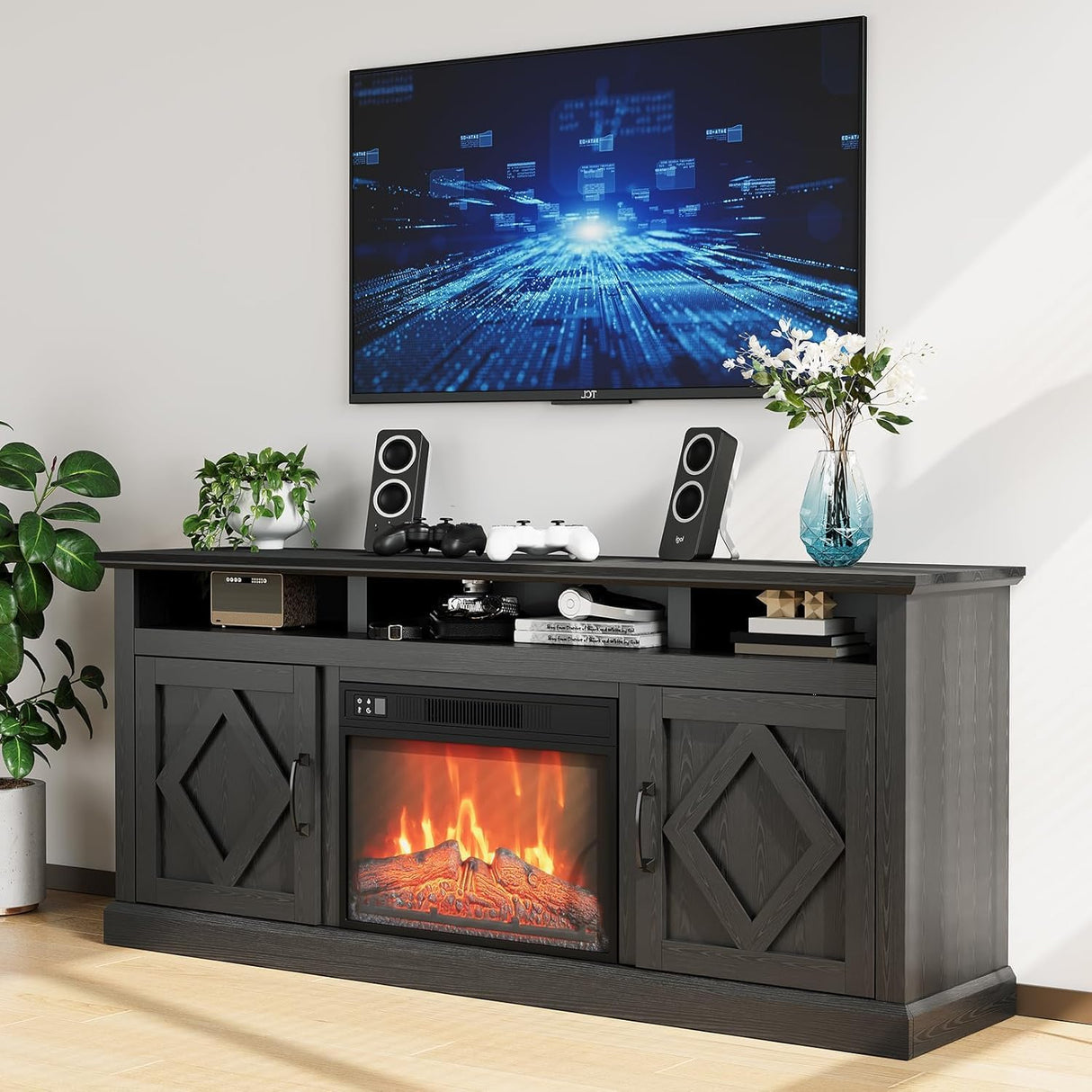 Fireplace for 65/75/80 inch TV, 23“ Remote-Control Fireplace Heater, Farmhouse Entertainment