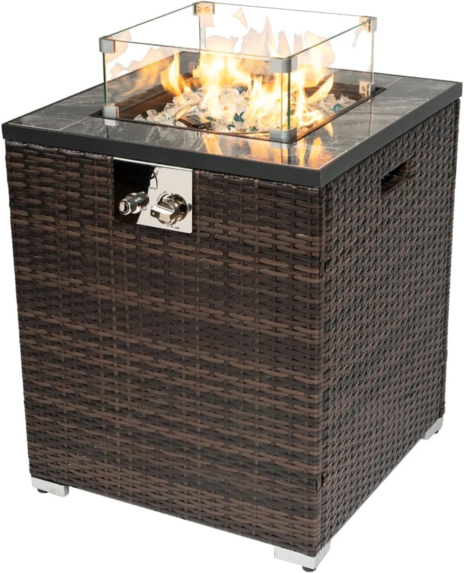 AJ Enjoy 24in Outdoor Propane Gas Fire Pit Table, 40,000 BTU Auto - Ignition Gas Firepit with Glass Wind Guard, Marble Tile Tabletop, Mixed Color Glass Rocks, Brown PE Rattan - Bircata