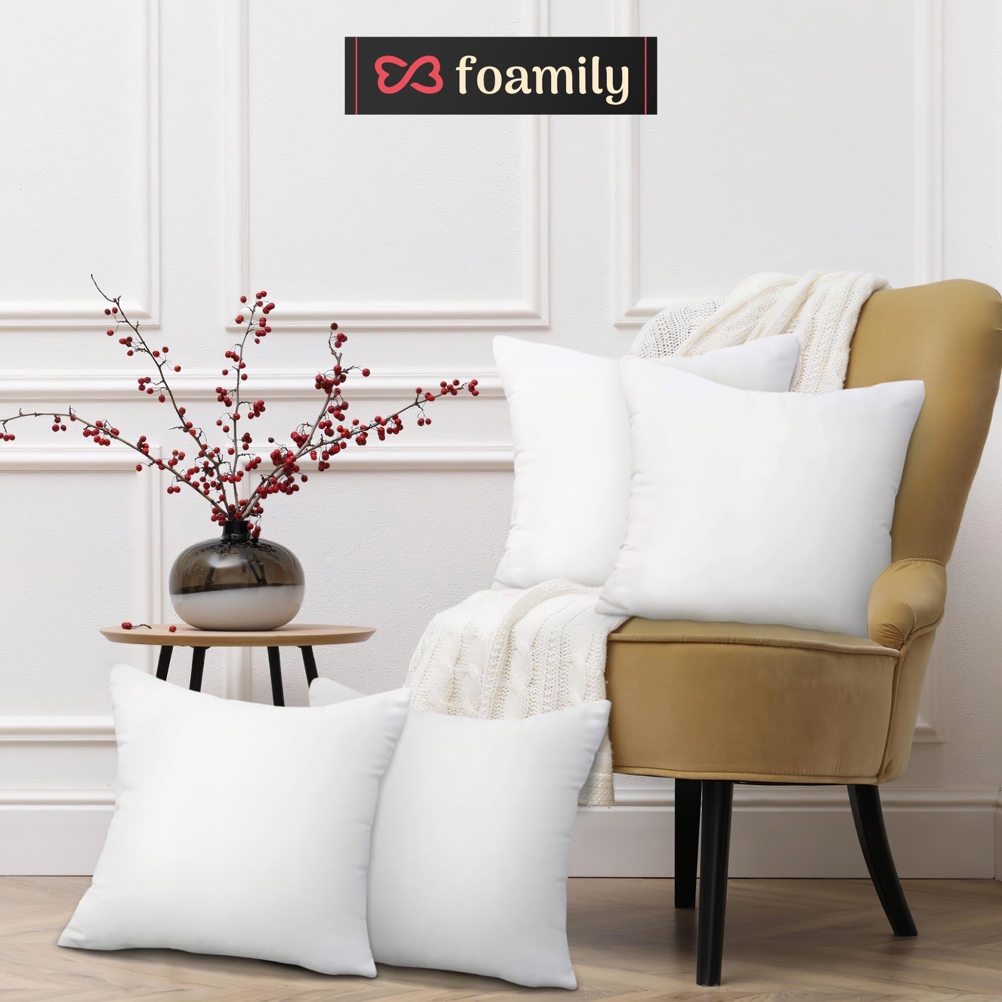 Throw Pillow Insert 20 x 20 inch (Set of 4) Hypoallergenic 100% Virgin Fiber Bed