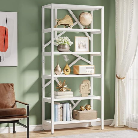 71 Inch Industrial Bookshelf, 6 Shelf Etagere Bookcase, Free Standing Open Book Shelves