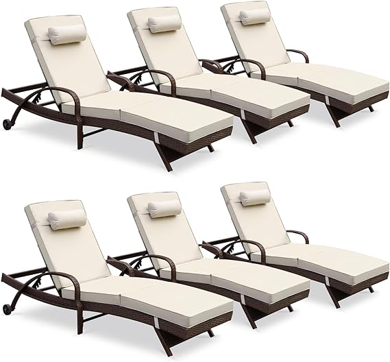 Outdoor Lounge Chairs Set of 2 Beach Wicker Chaise Lounge with Wheels, Cushion