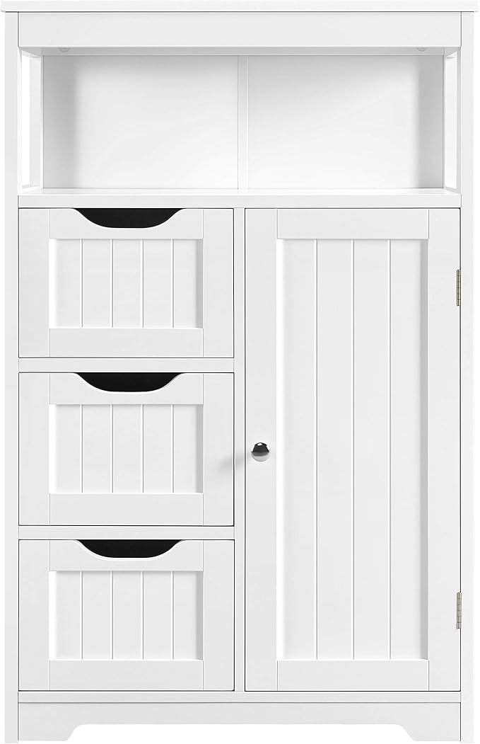 Wood Bathroom Floor Cabinet, Free Standing Storage Cabinet with 3 Drawers and Cupboard,