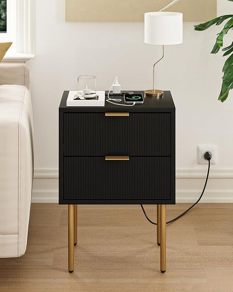 Nightstand with Charging Station, Mid-Century Modern Bedside Table with 2 Storage