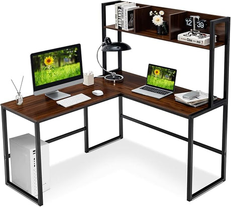 Reversible L-Shaped Desk with Hutch, Space Saving Corner Computer Desk with Storage Shelves, Home Office Study Writing Desk Computer Workstation with Storage Bookshelf, Gaming Desk