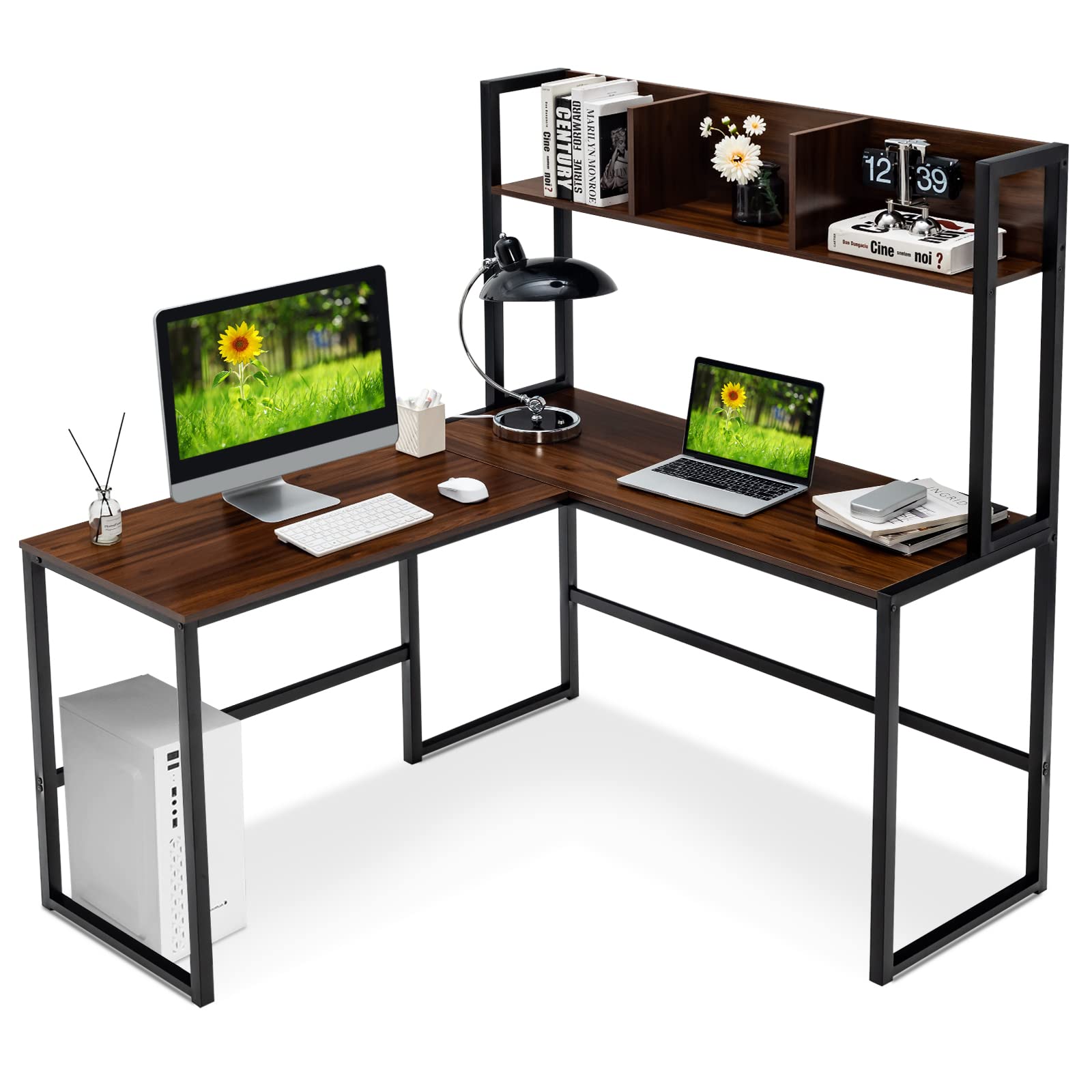 Reversible L-Shaped Desk with Hutch, Space Saving Corner Computer Desk with Storage Shelves, Home Office Study Writing Desk Computer Workstation with Storage Bookshelf, Gaming Desk