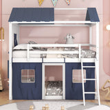 House Full Loft Bunk Bed with Tent, Kids Loft Bed with Ladders,Guardrail
