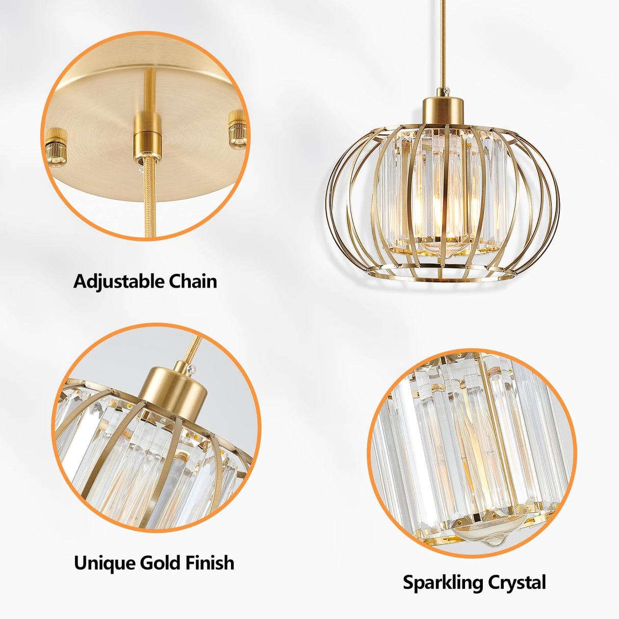 Gold Pendant Light Fixture, Modern Crystal Pendant Lights Kitchen Island, 1-Light