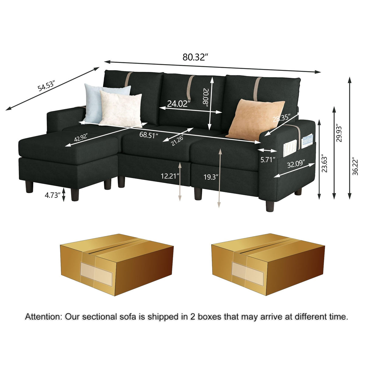 80" Sectional Sofas for Living Room, 3 Seat L Shaped Couch with Reversible