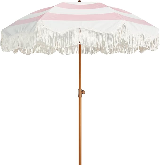 Boho Fringe Umbrella Outdoor Patio, 6.5ft UPF50+ Picnic Umbrella with Tassels