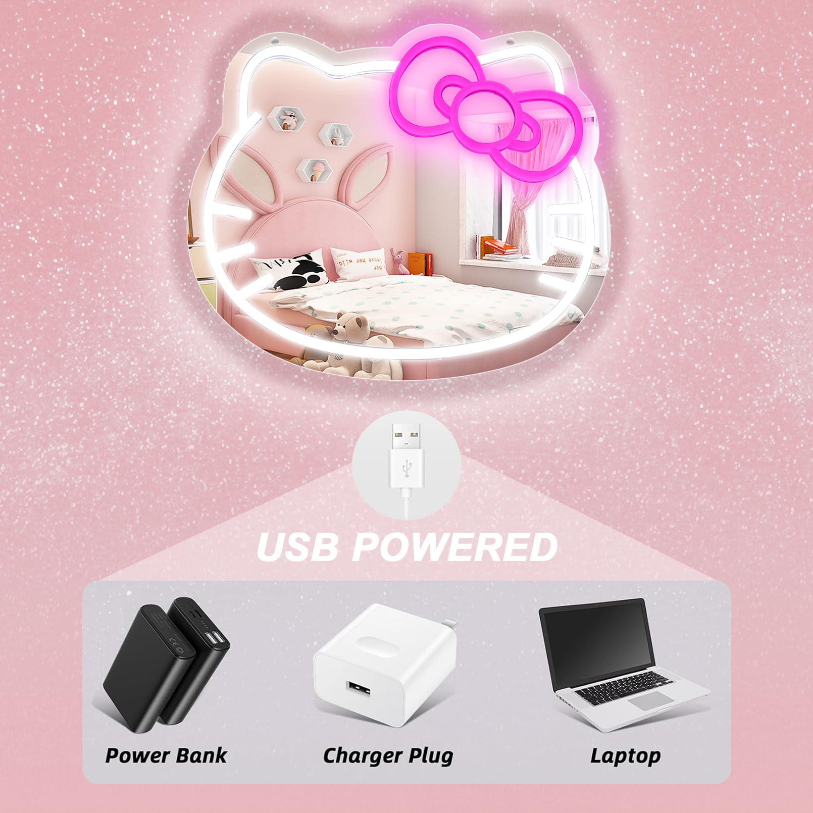 Hello Kit Vanity Mirror with Light, Dimmable LED Anime Neon Sign