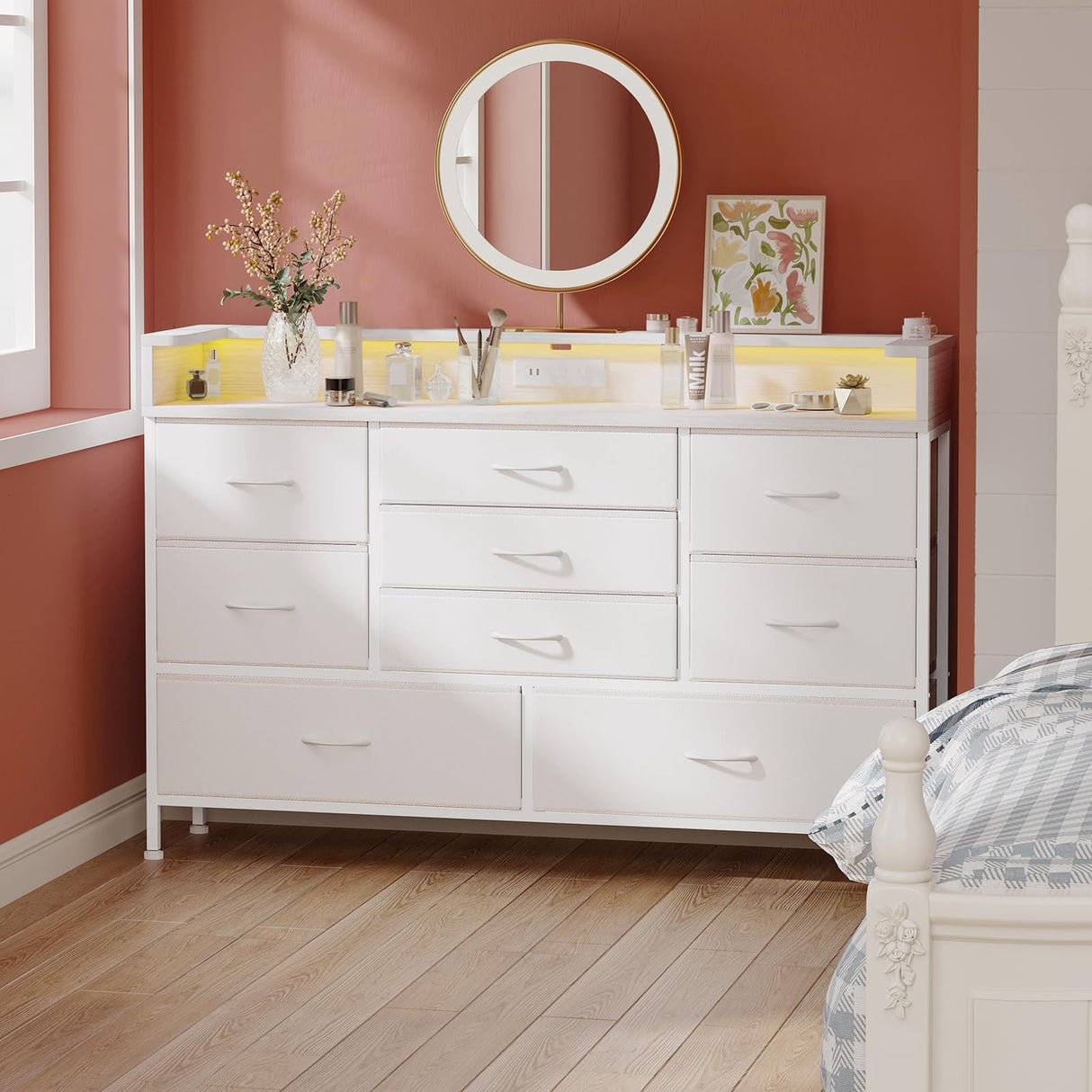 White LED Dresser for Bedroom, Dresser with 9 Drawers and Charging Station, Fabric