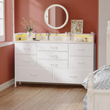 White LED Dresser for Bedroom, Dresser with 9 Drawers and Charging Station, Fabric