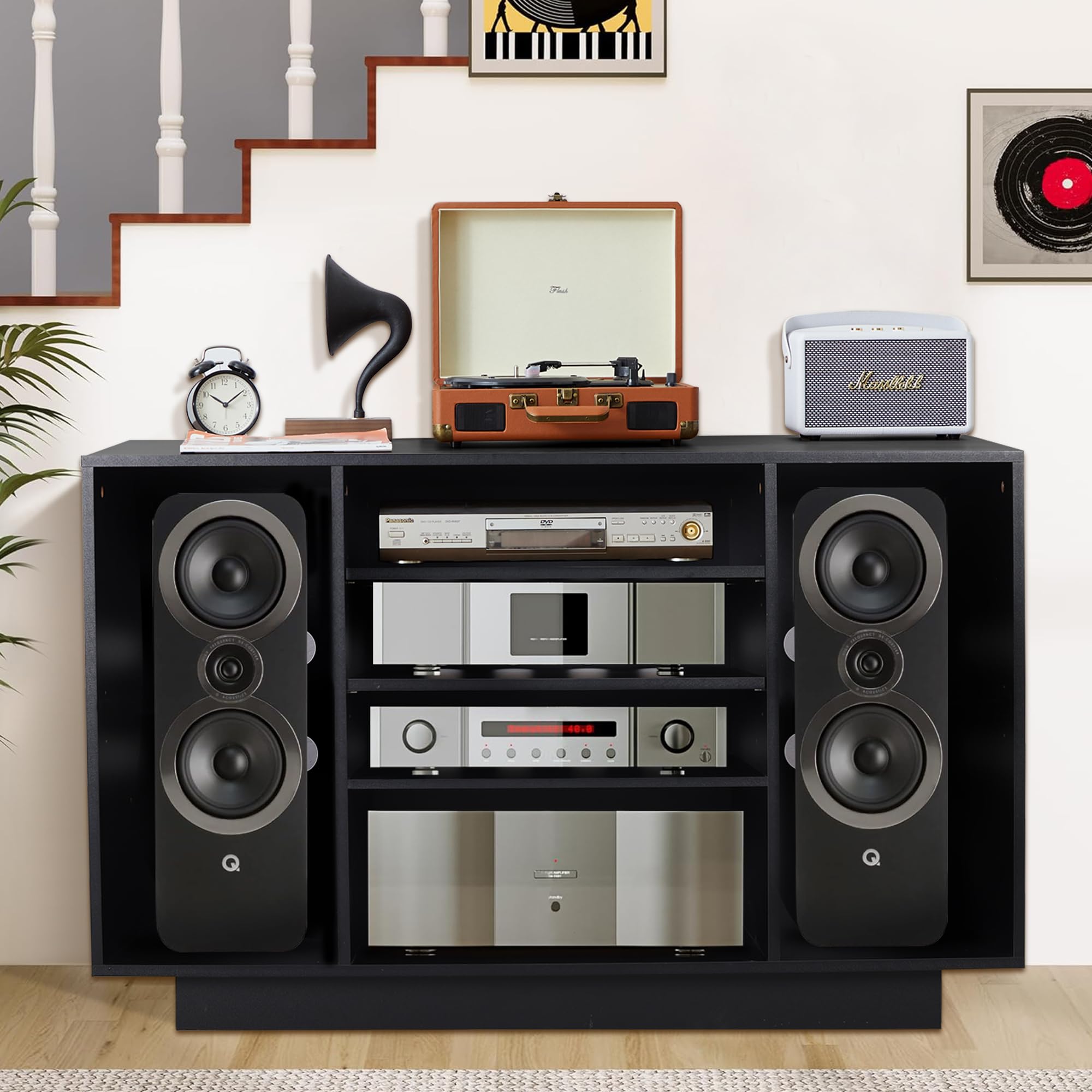 Media Cabinet, 5-Tier Shelves Media Console with 3 Hight-Adjustable Shelves