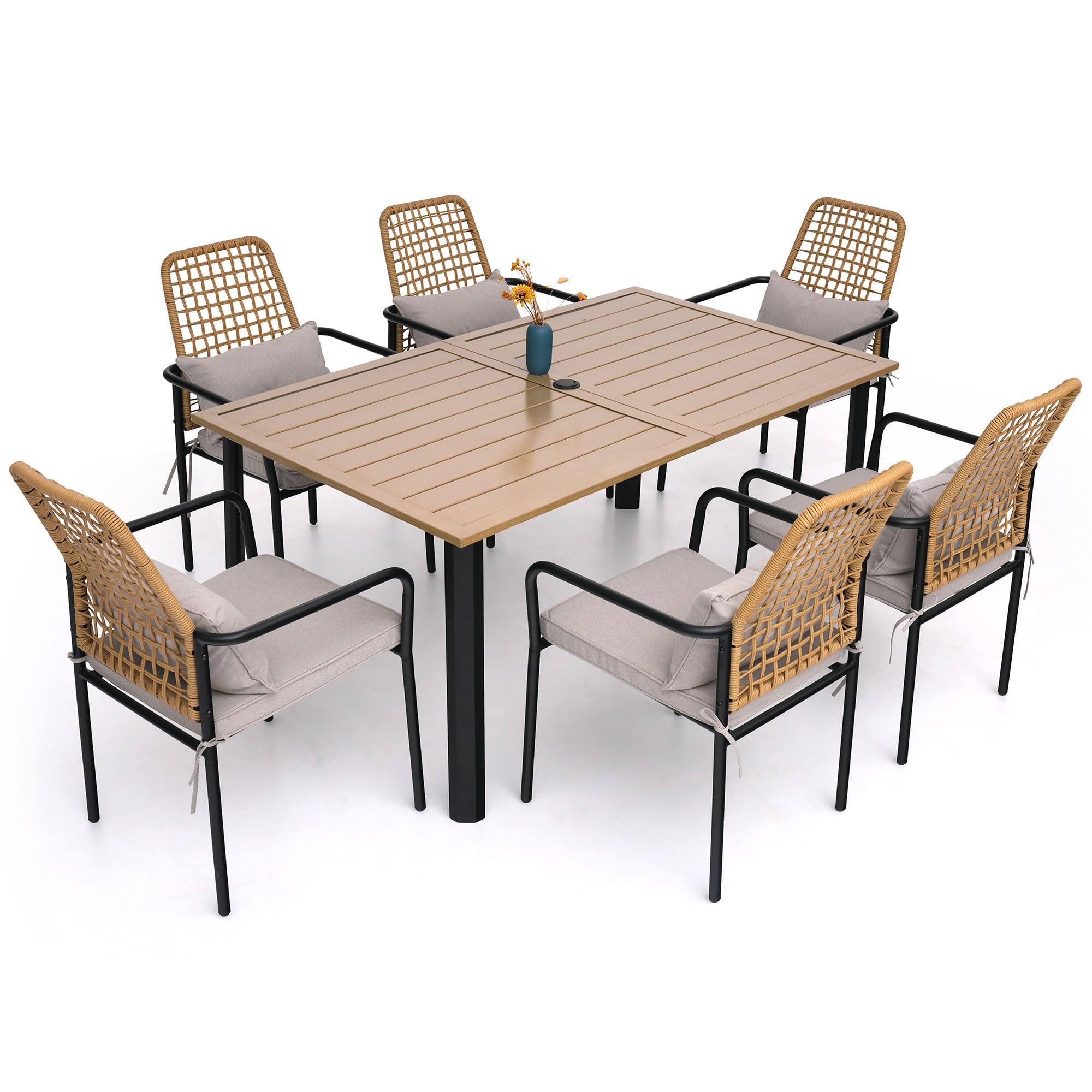 Stackable Rattan Patio Dining Chairs and and Rectangle Table Set of 6 with 63"x38" Wood-Like Table