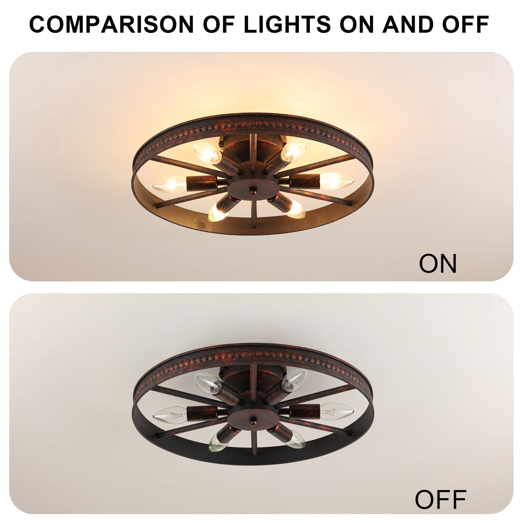 Farmhouse Round Semi Flush Mount Ceiling Light - Red Rust Finish - 6 Light