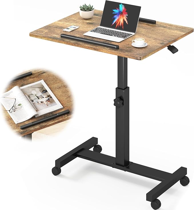 Pneumatic Mobile Standing Desk, Adjustable Height Rolling Desk with Wheels, Laptop Desk for Couch, Portable Sit Stand Desk for Home, Office and Hospital, Black