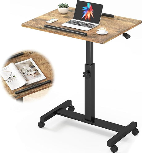 Pneumatic Mobile Standing Desk, Adjustable Height Rolling Desk with Wheels, Laptop Desk for Couch, Portable Sit Stand Desk for Home, Office and Hospital, Black