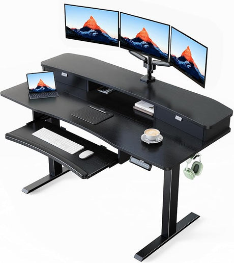 48" x 26" Electric Standing Desk with 2 Drawers & 26.7" Large Keyboard Tray, C-Clamp Mount Compatible, Adjustable Computer Desk for Home Office, Stand Up Desk with 4 Height Presets, Black