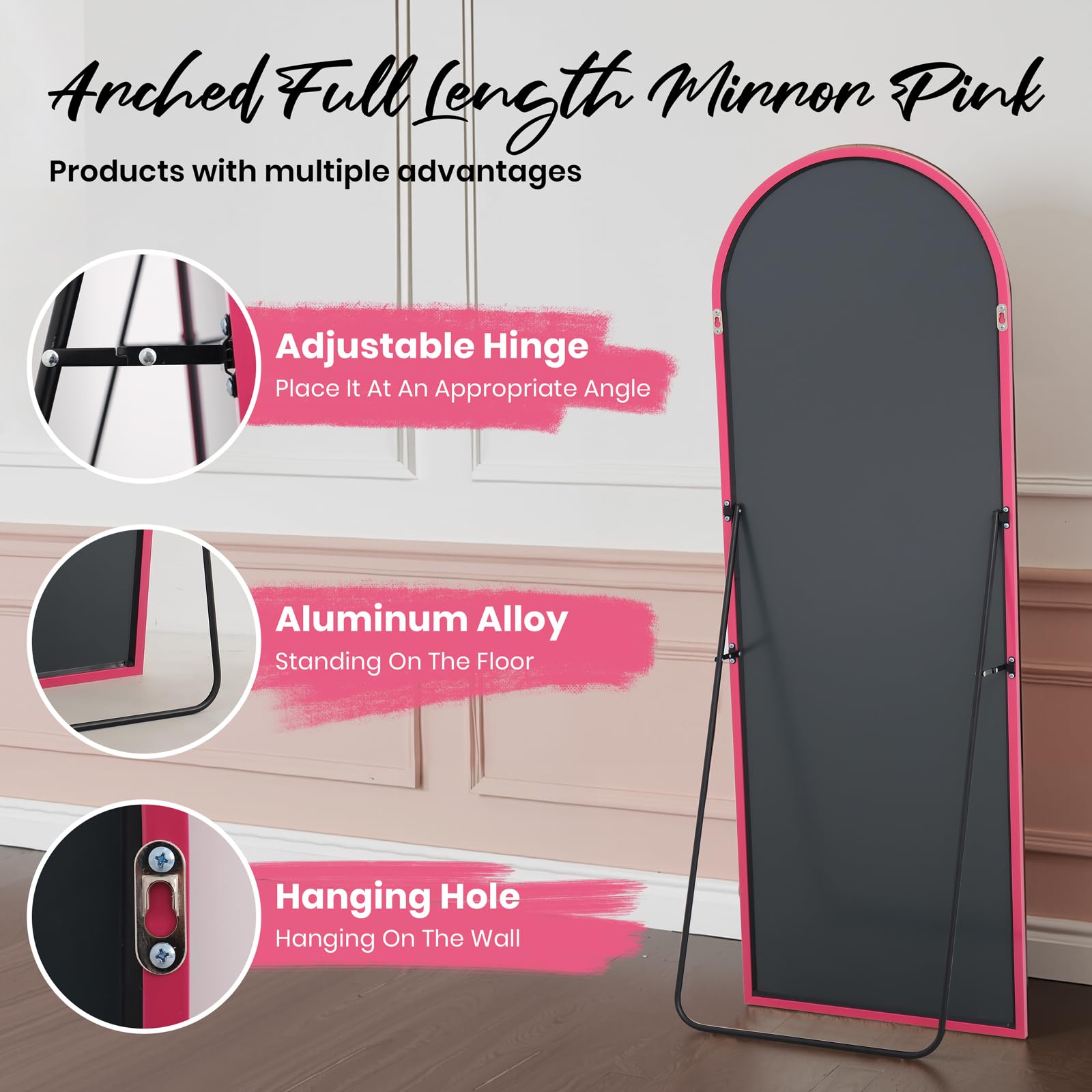 Arched Full Length Mirror 19x57 - Pink Aluminum Frame Floor Mirror