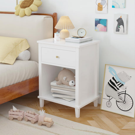 Kids Nightstand Modern Kids Bedside Table with Drawer & Open Storage Shelf Wood End