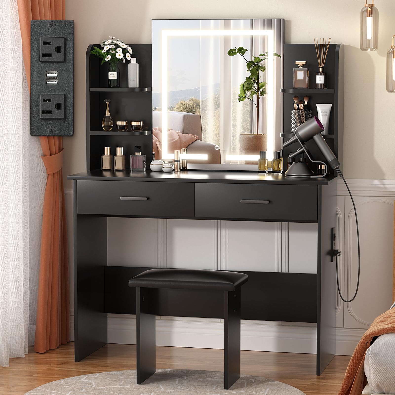 with Lighted Mirror, Makeup Vanity Desk with Power Outlet, 3 Color Light Options Adjustable Brightness,