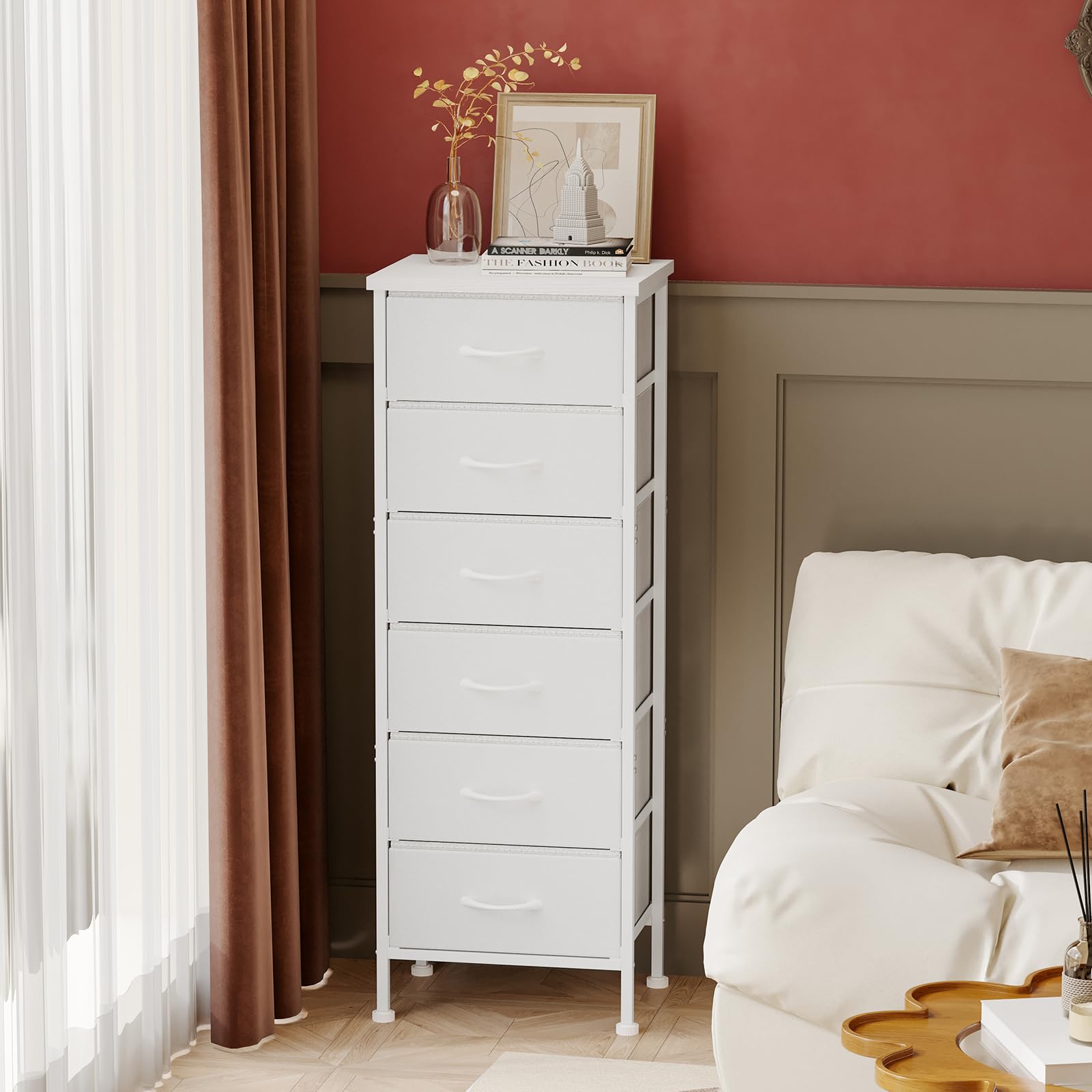 White Tall Dresser for Bedroom, Storage Dresser Organizer with 6 Fabric Drawers