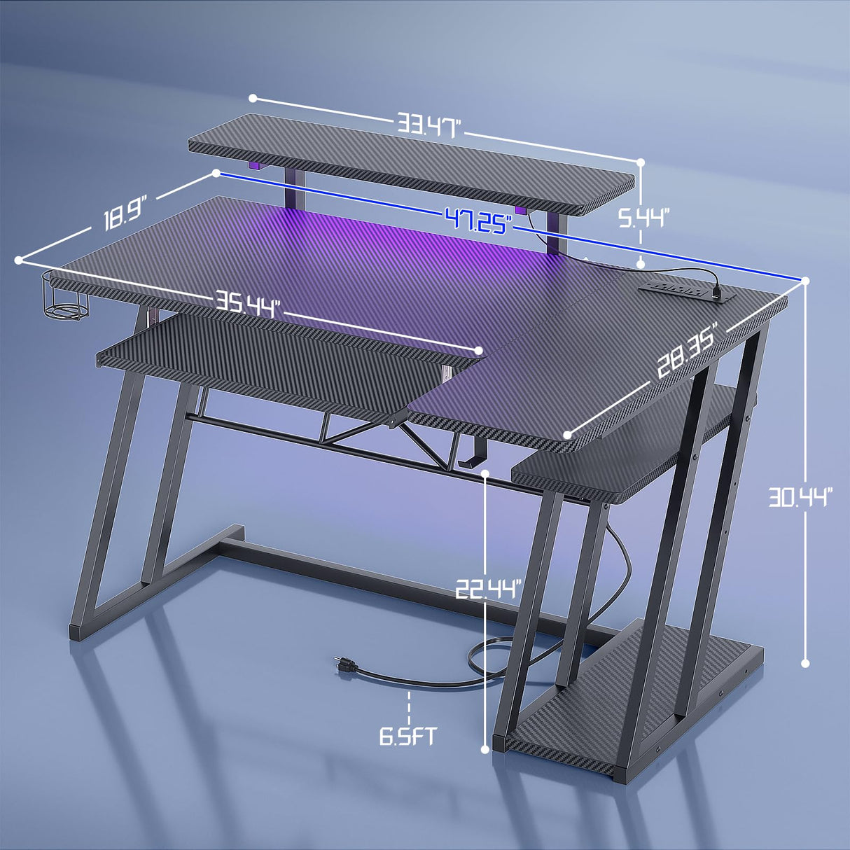 Gaming Desk with Shelves and Outlets, L Shaped Gaming Desk with LED Lights,