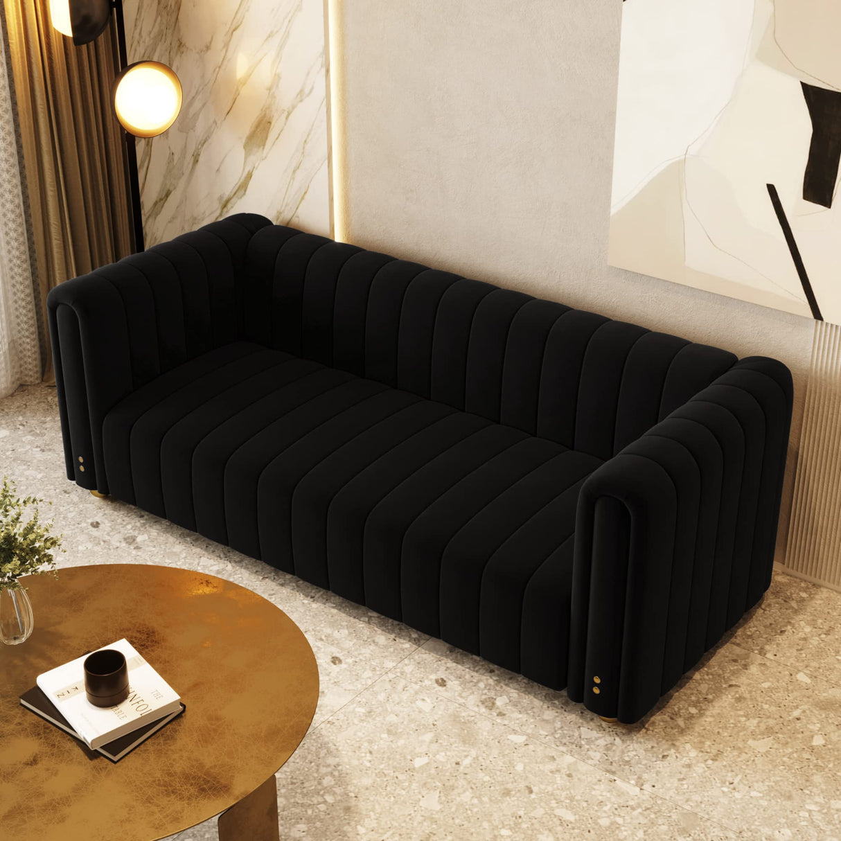 81" Black Velvet Sofa Mid Century Modern Couch for 3 Person Chesterfield Tufted Velvet Couches for Living Room