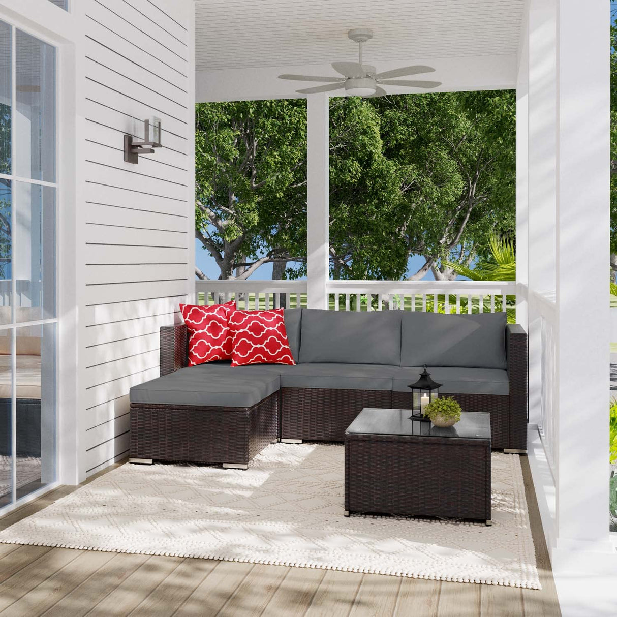 Aiho Outdoor Patio Furniture Sets All Weather Wicker Rattan Patio Conversation Set with Glass Table (Grey)