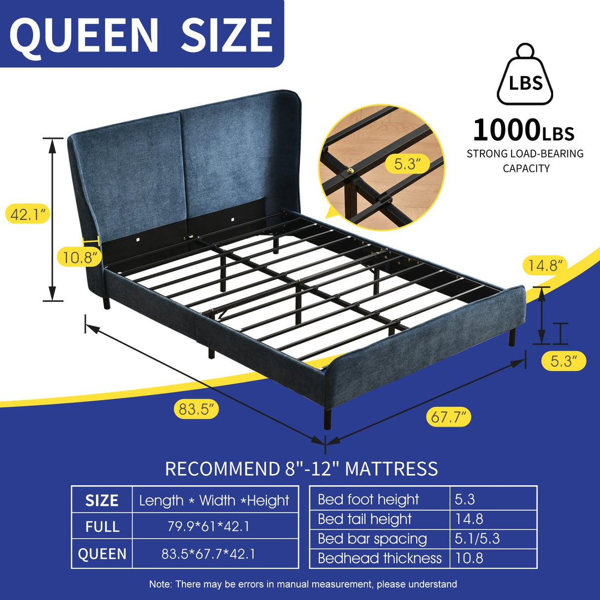 Queen Upholstered Platform Bed with Wingback Rounded Headboard, Solid Wood Slat